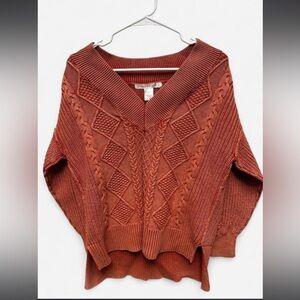 Altar’d State Women’s Rust Cable-Knit V-Neck Sweater